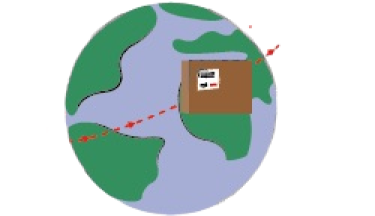 Illustrated globe with parcel orbiting