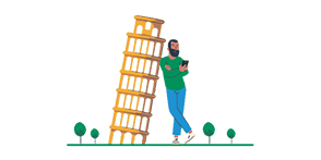 Man leaning on Pisa illustration