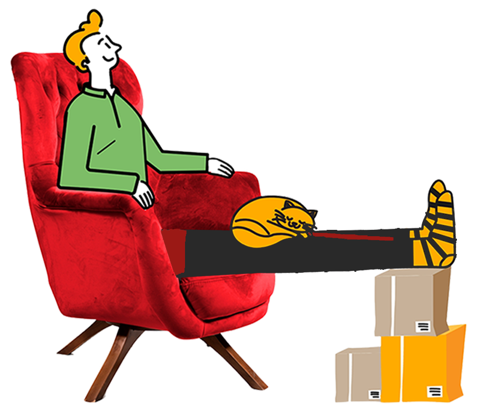 man sitting on fauteuil with cat illustration