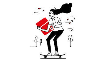 Woman skateboarding with parcel