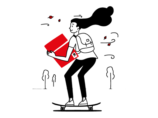 Woman skateboarding with parcel